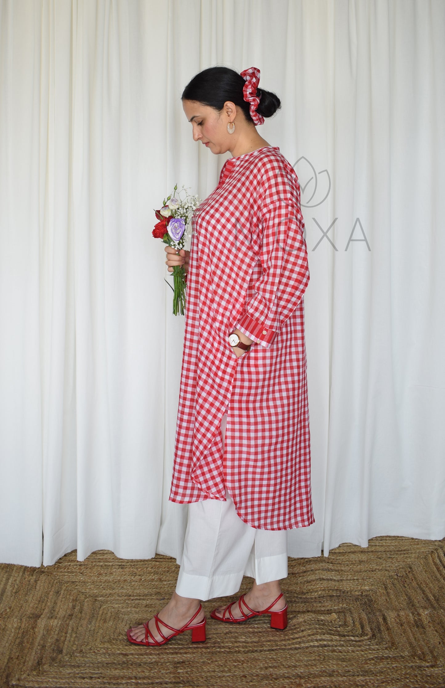 Poppy Red Antifit Kurta in Handloom Checks