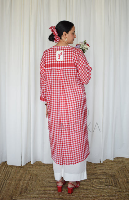 Poppy Red Antifit Kurta in Handloom Checks