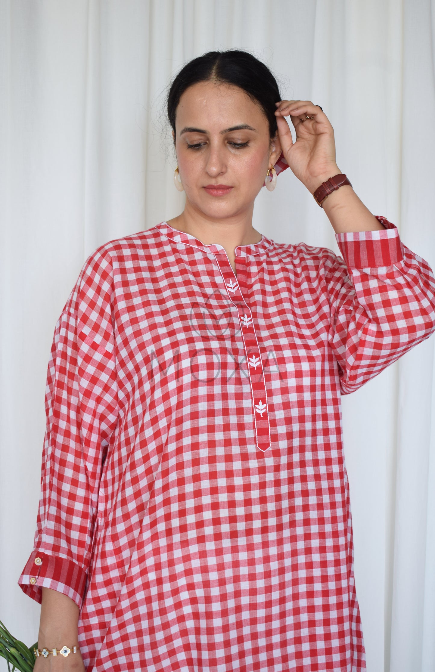 Poppy Red Antifit Kurta in Handloom Checks