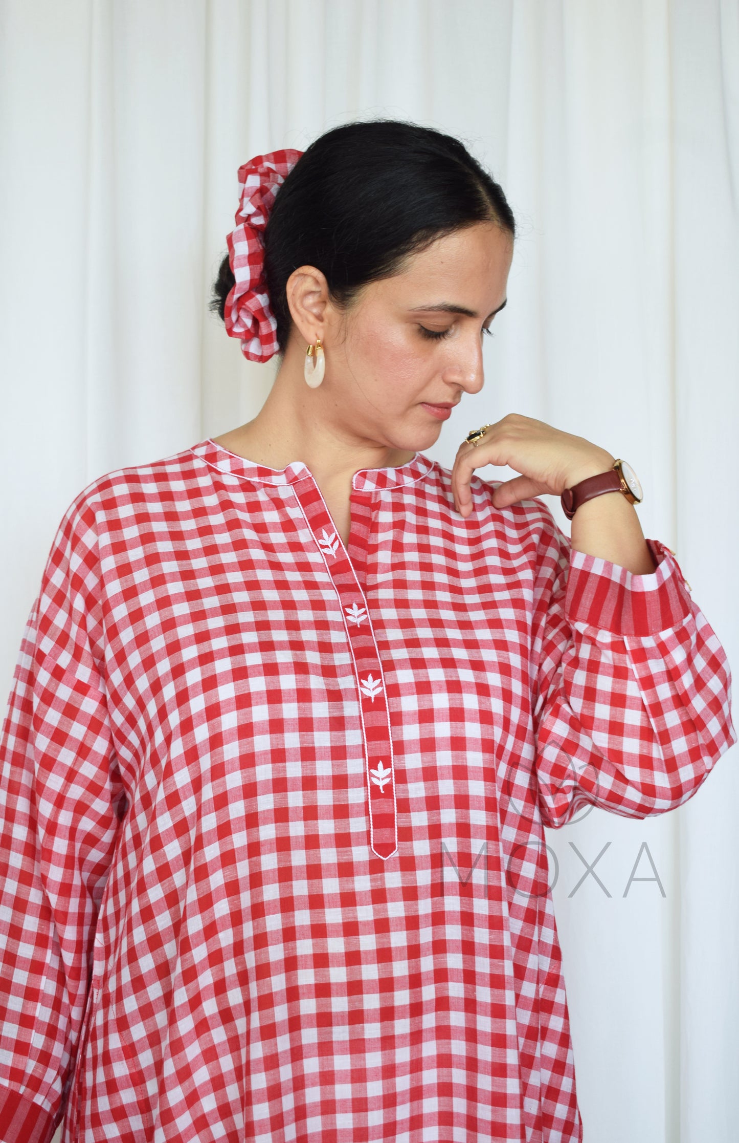 Poppy Red Antifit Kurta in Handloom Checks