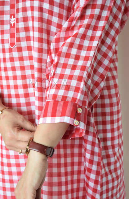 Poppy Red Antifit Kurta in Handloom Checks