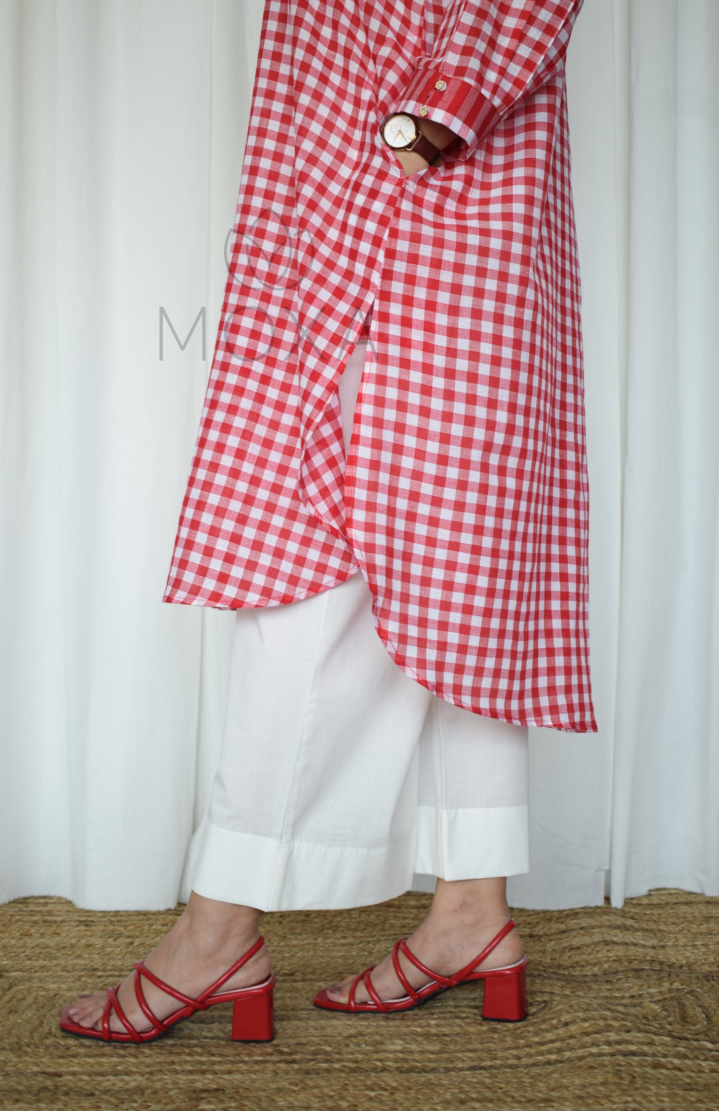 Poppy Red Antifit Handloom Checks Kurta Set