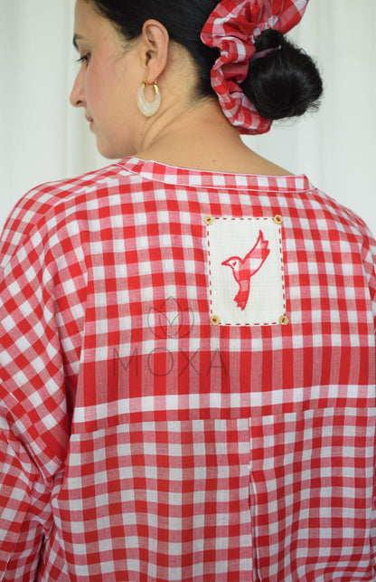 Poppy Red Antifit Kurta in Handloom Checks