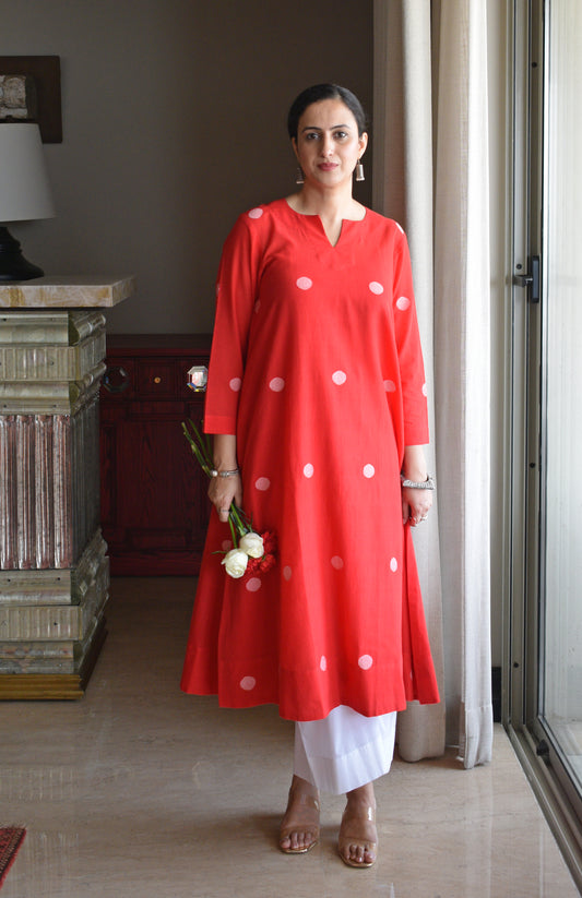 Red Jamdani A Line Kurta with White Pyjama