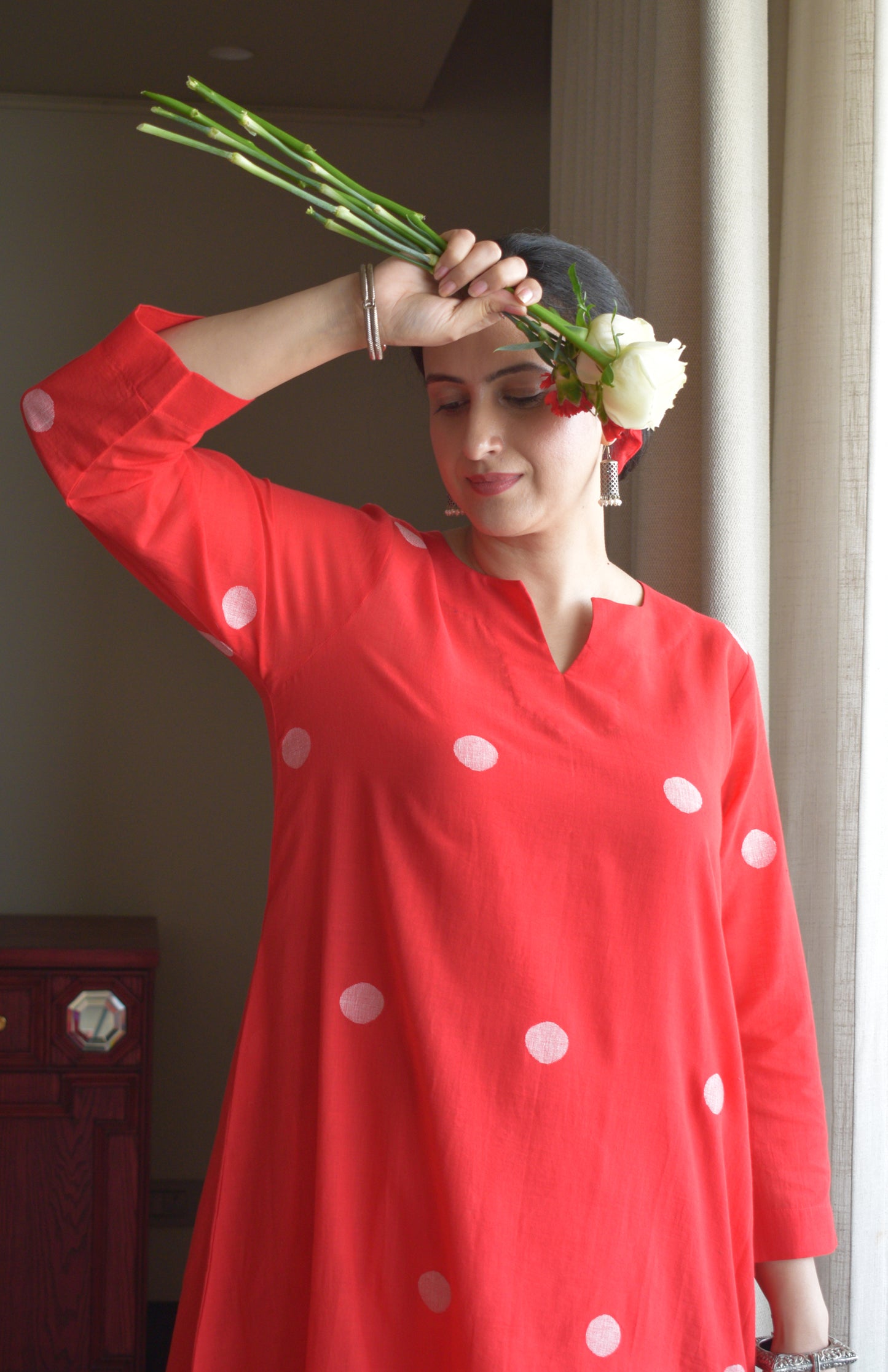 Red Jamdani A Line Kurta with White Pyjama
