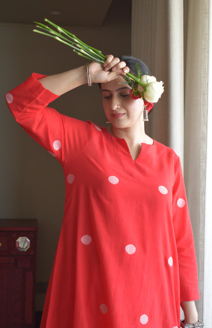 Red Jamdani A Line Kurta with White Pyjama