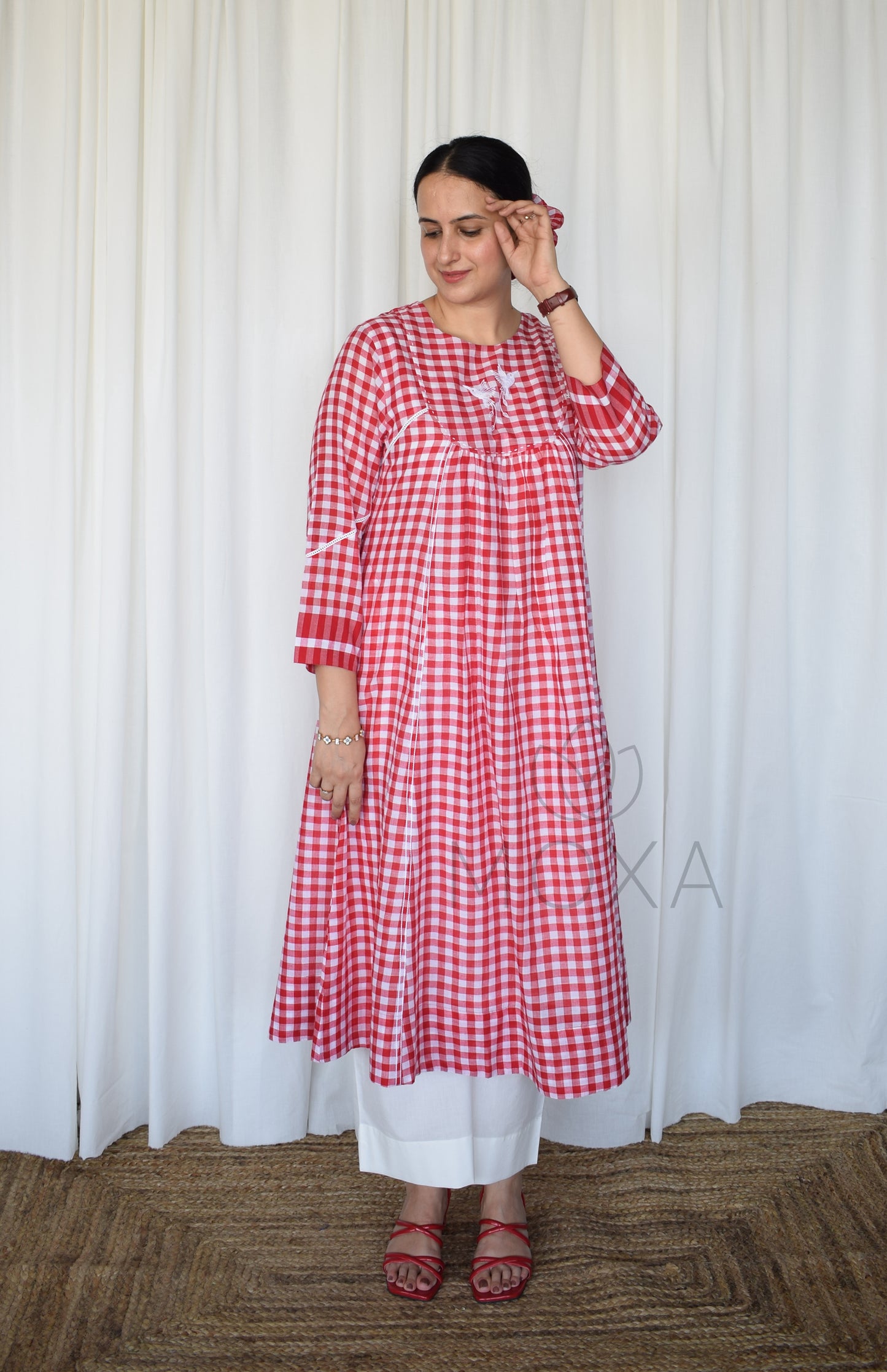 Poppy Red Handloom Checks Kurta Set