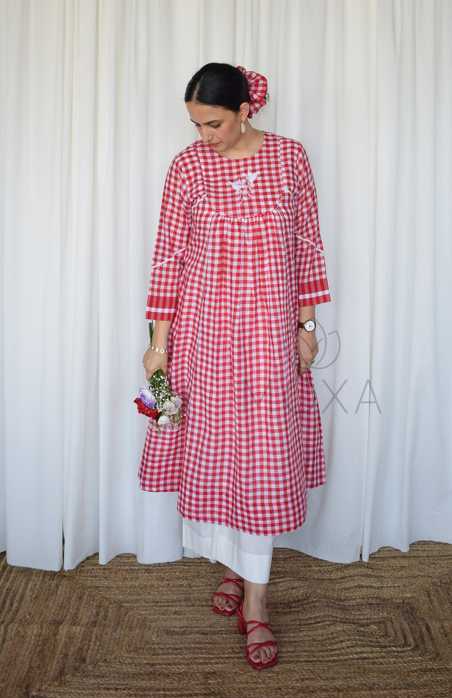 Poppy Red Handloom Checks Kurta Set