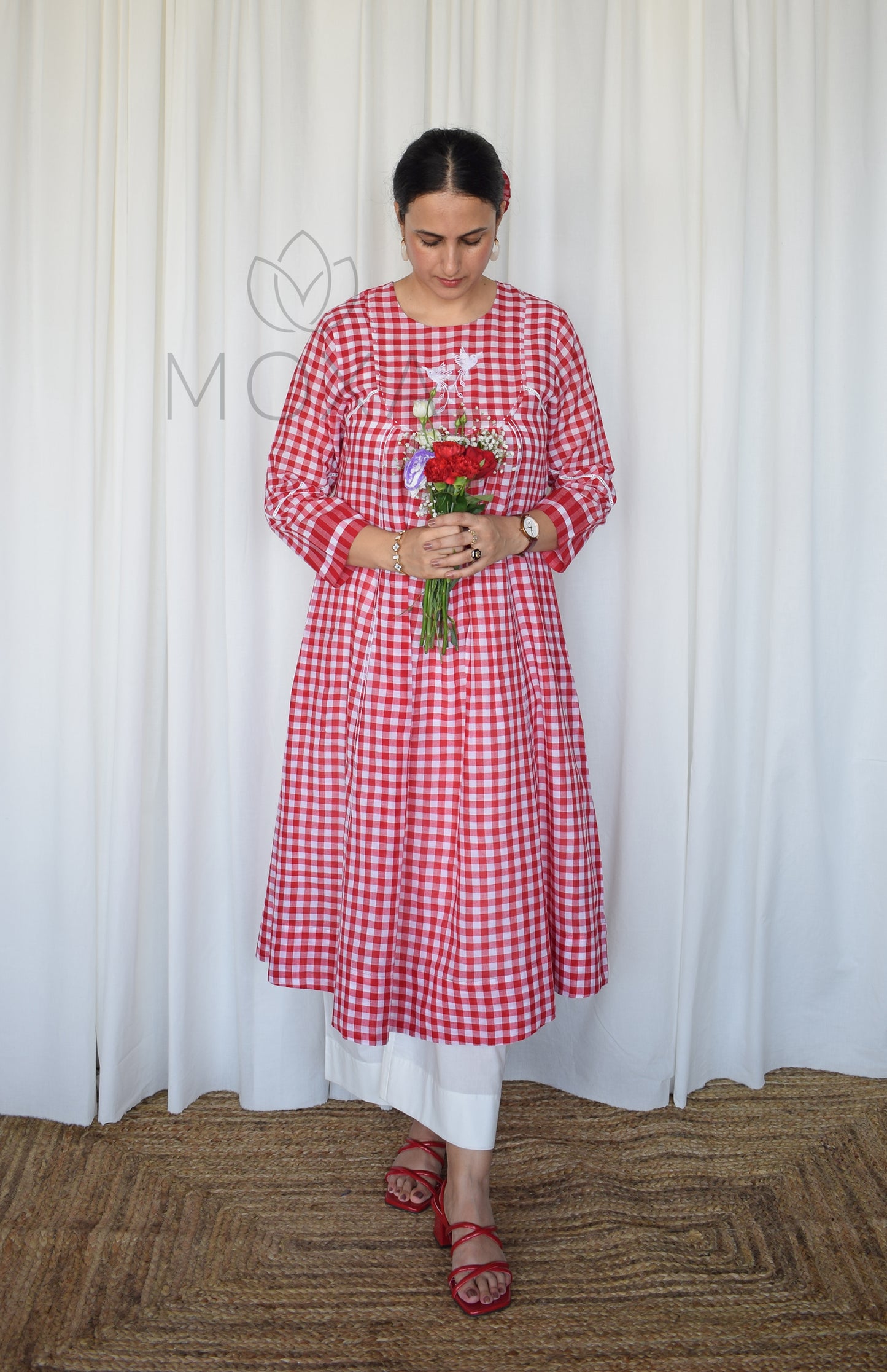 Poppy Red Handloom Checks Kurta Set