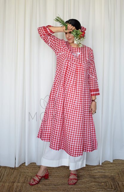 Poppy Red Handloom Checks Kurta Set
