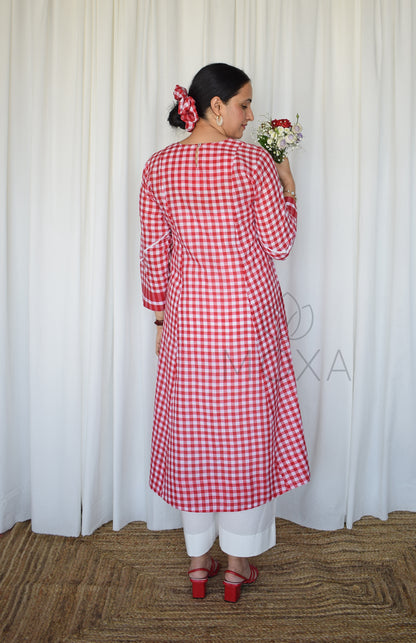 Poppy Red Handloom Checks Kurta Set
