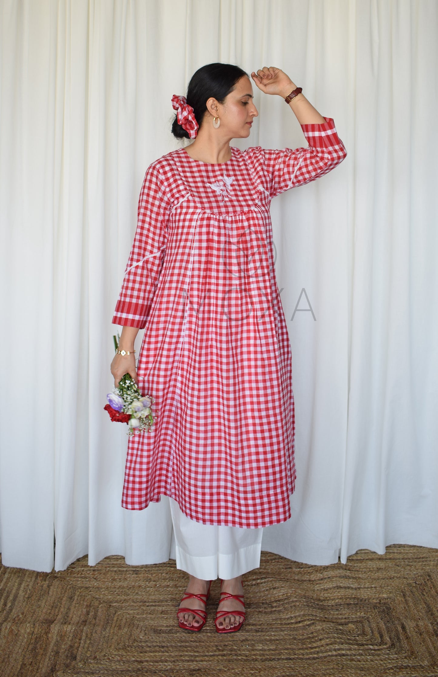 Poppy Red Handloom Checks Kurta Set