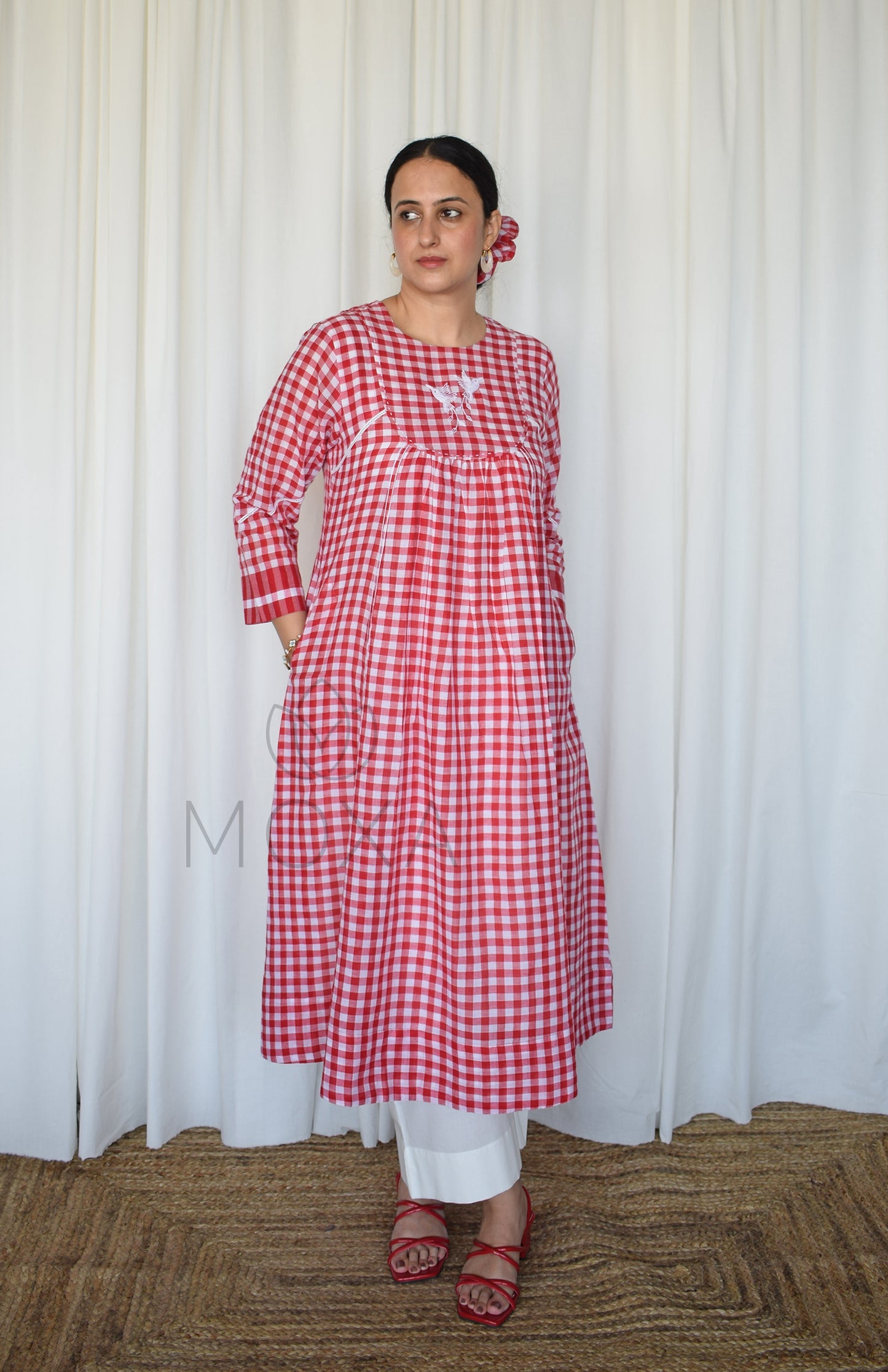 Poppy Red Handloom Checks Kurta Set