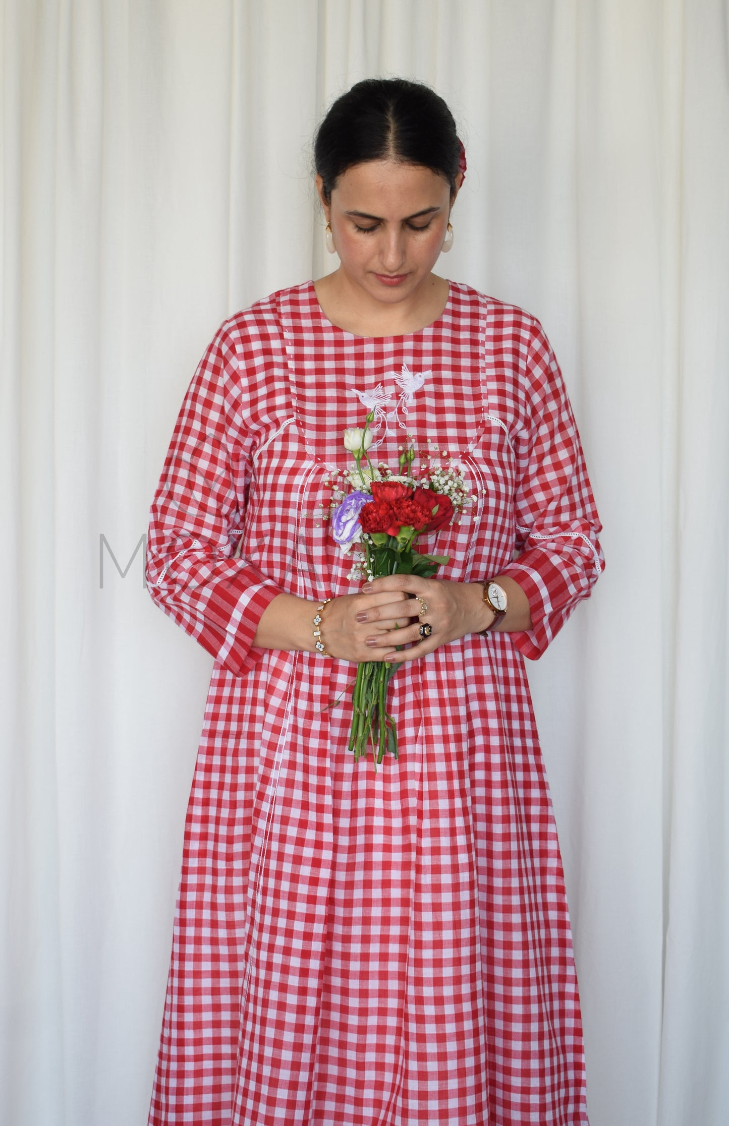 Poppy Red Kurta with Yoke in Handloom Checks
