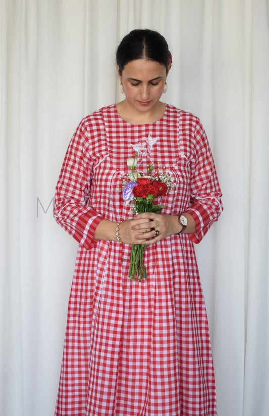 Poppy Red Kurta with Yoke in Handloom Checks