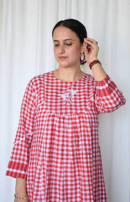 Poppy Red Kurta with Yoke in Handloom Checks