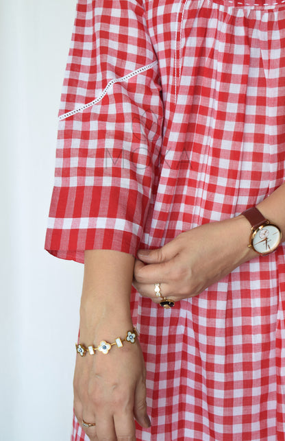 Poppy Red Handloom Checks Kurta Set