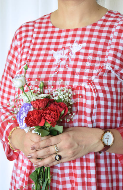 Poppy Red Handloom Checks Kurta Set