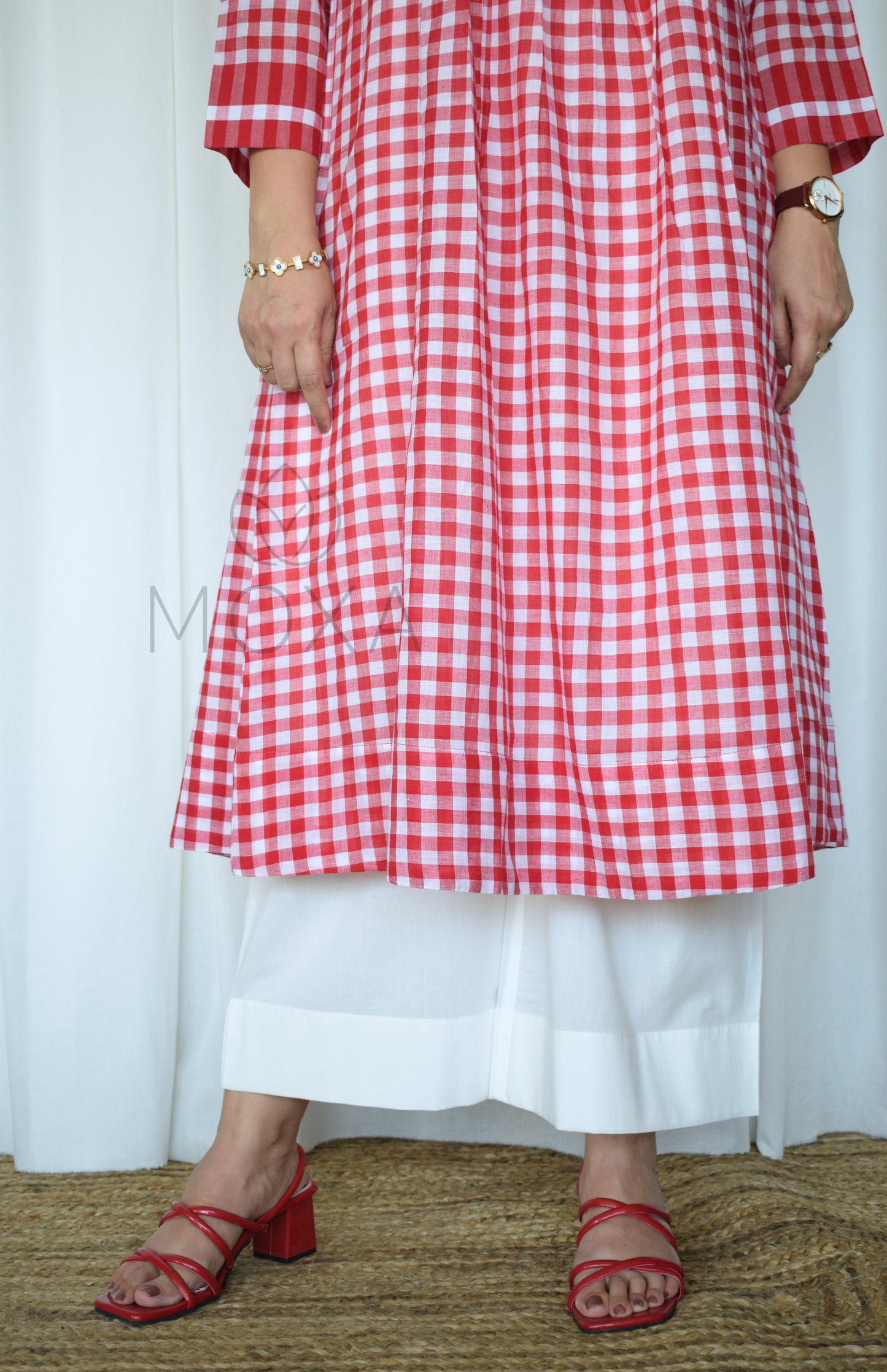 Poppy Red Handloom Checks Kurta Set