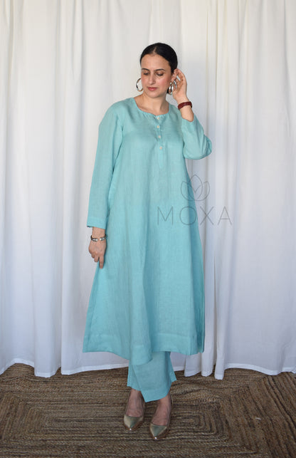 Sea Green Linen Kurta with Raglan Sleeves and Placket