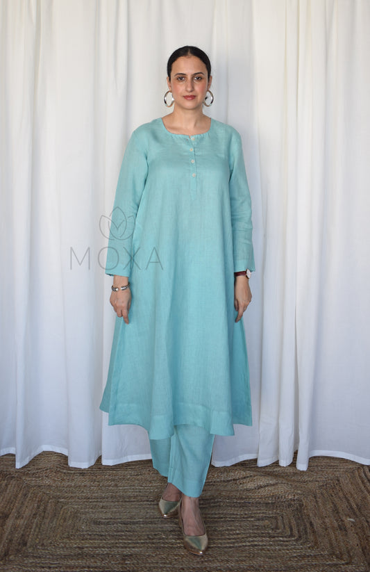 Sea Green Linen A Line Kurta with Placket