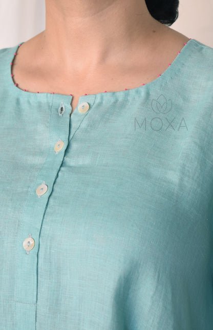 Sea Green Linen Kurta with Raglan Sleeves and Placket