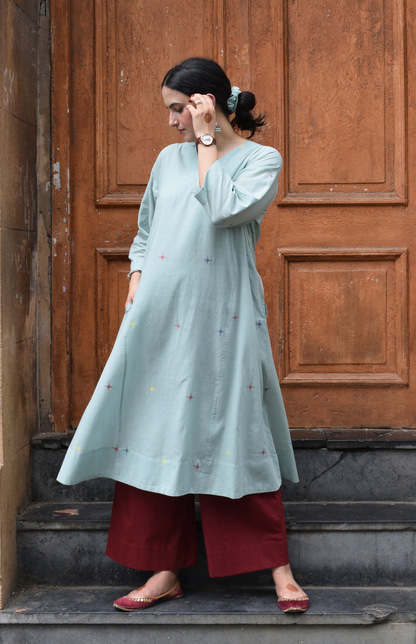 Sea Green Jamdani Phiran with Maroon Pyjama