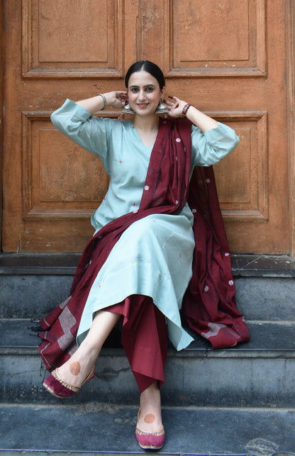 Sea Green Jamdani Phiran with Maroon Pyjama