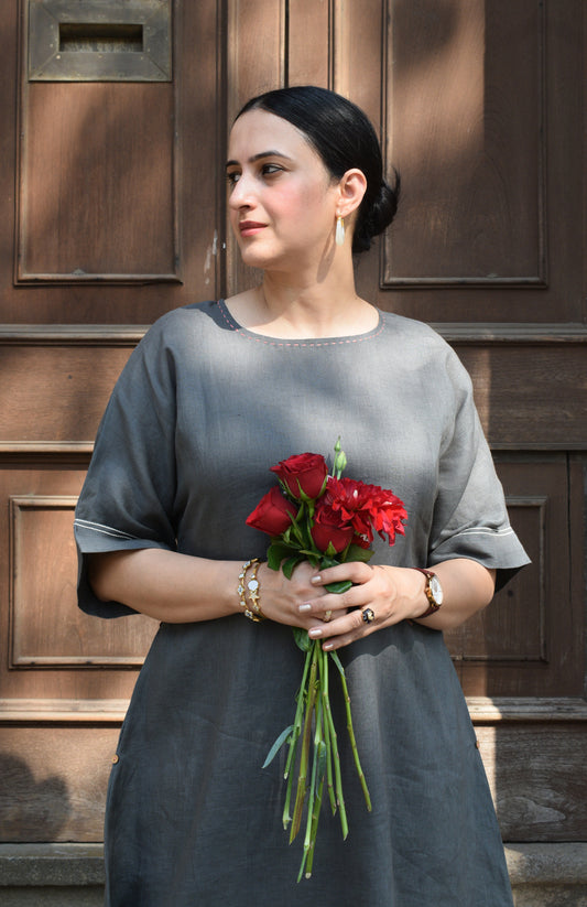 Slate Grey A line Linen kurta with Short Dolman sleeves