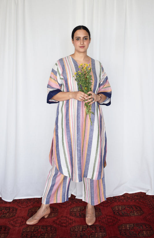 Multicolor Striped Linen Choga and Pyjama