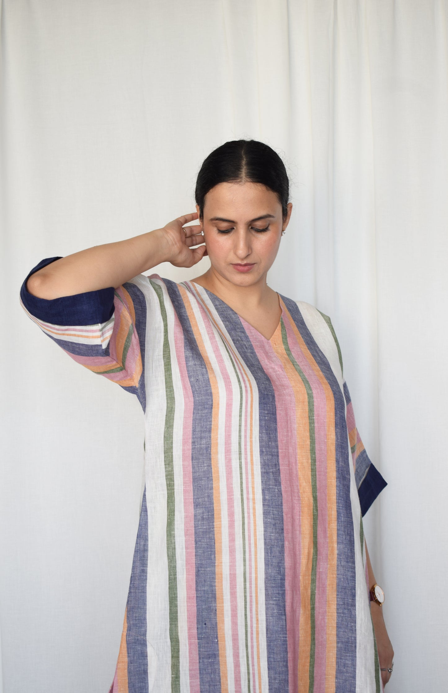 Multicolor Striped Linen Choga and Pyjama