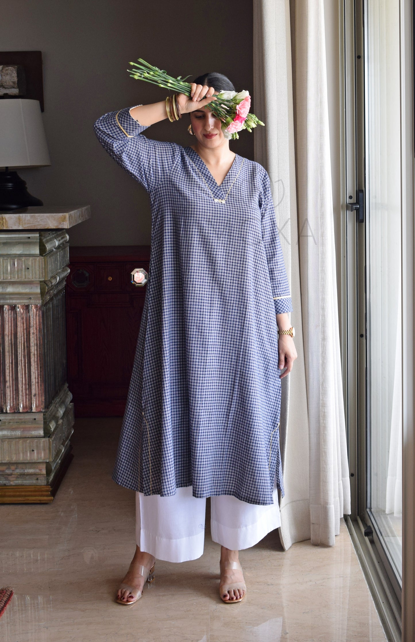 Ink Blue Checks A Line Kurta in Handloom Cotton