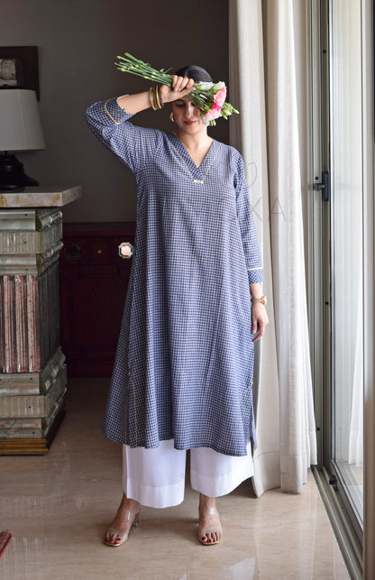Ink Blue Checks A Line Kurta in Handloom Cotton