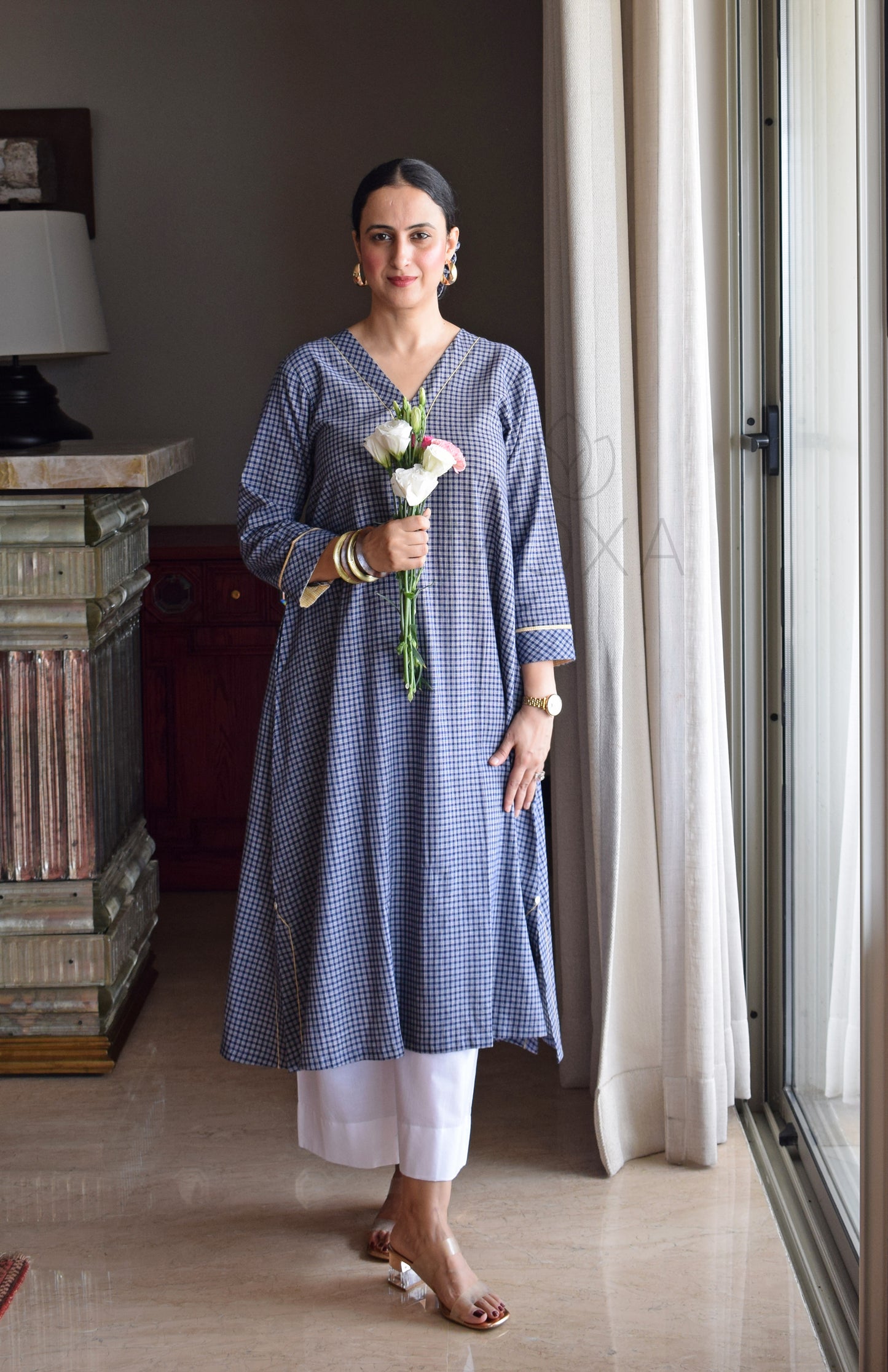 Ink Blue Checks A Line Kurta in Handloom Cotton