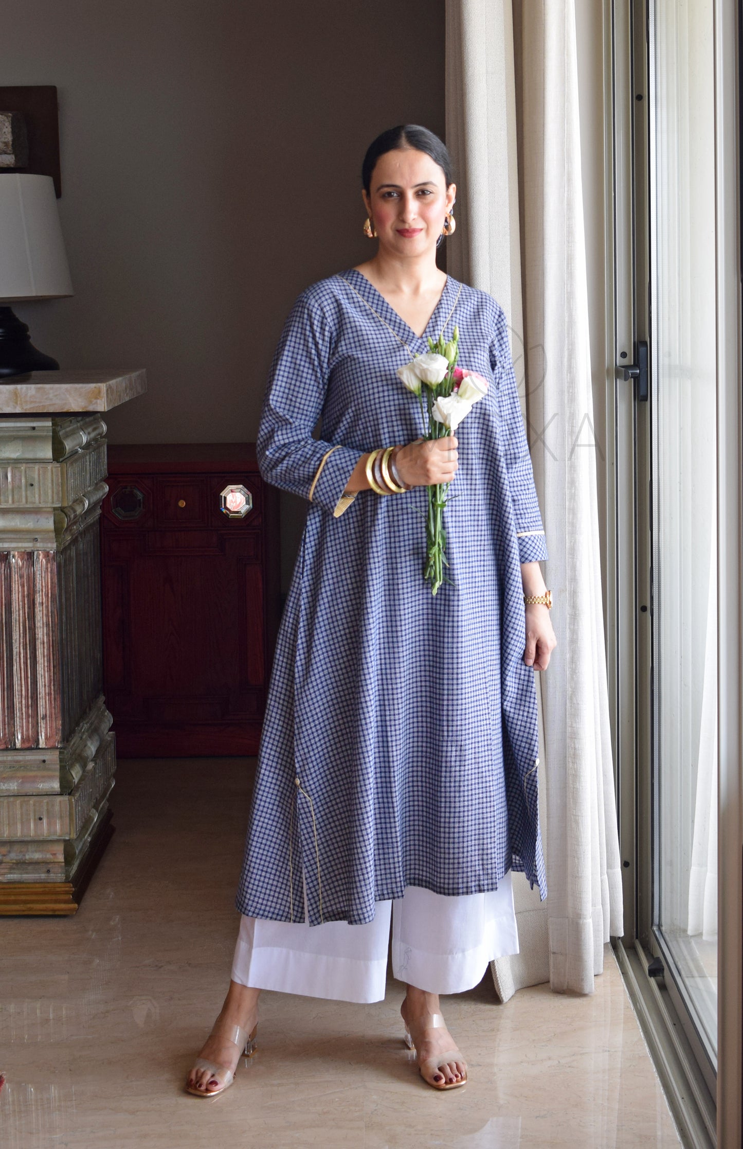 Ink Blue Checks A Line Kurta in Handloom Cotton