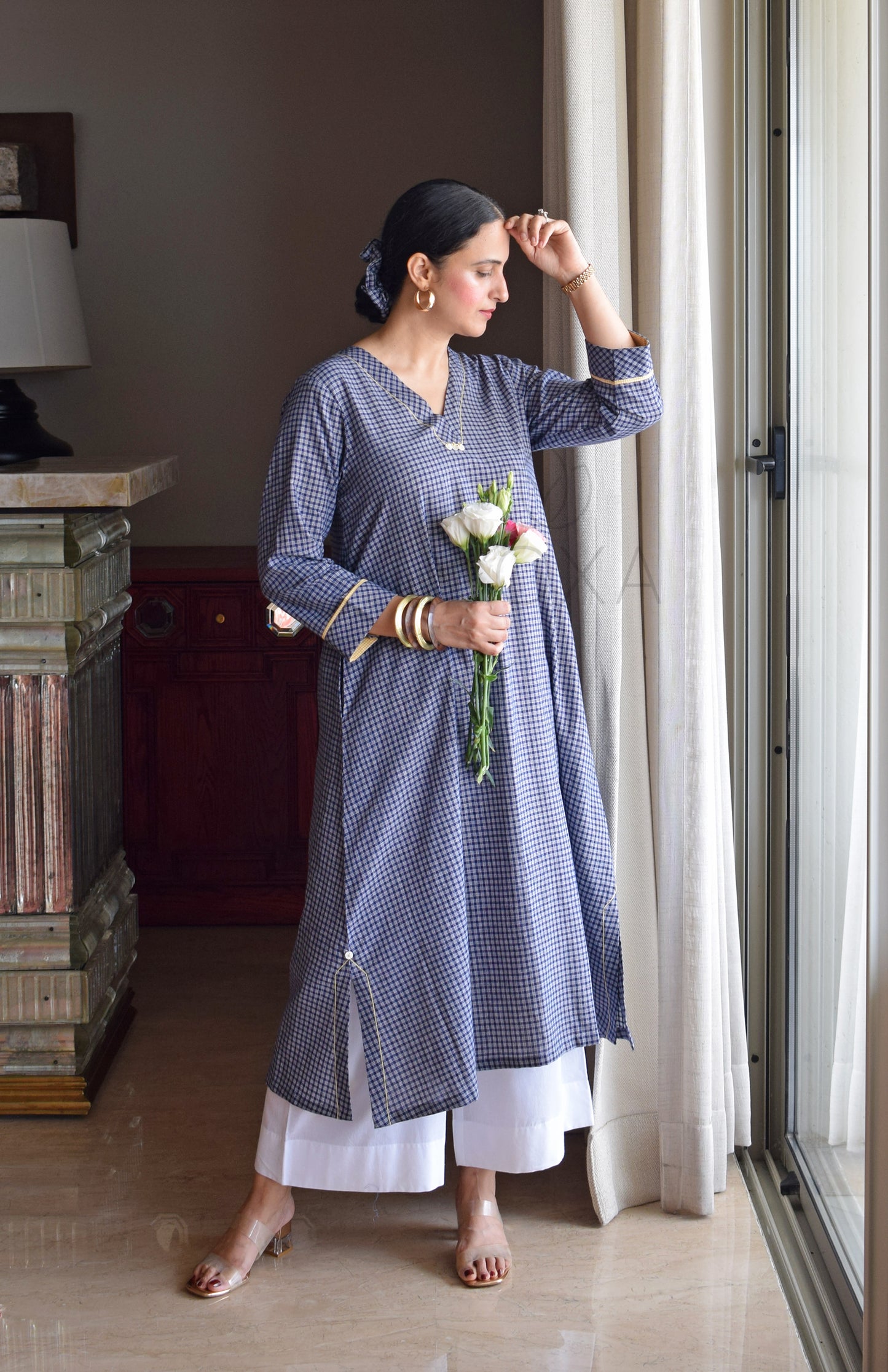 Ink Blue Checks A Line Kurta in Handloom Cotton