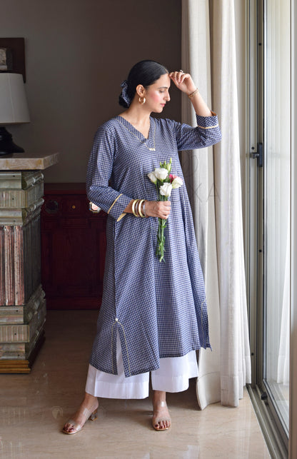 Ink Blue Checks A Line Kurta in Handloom Cotton