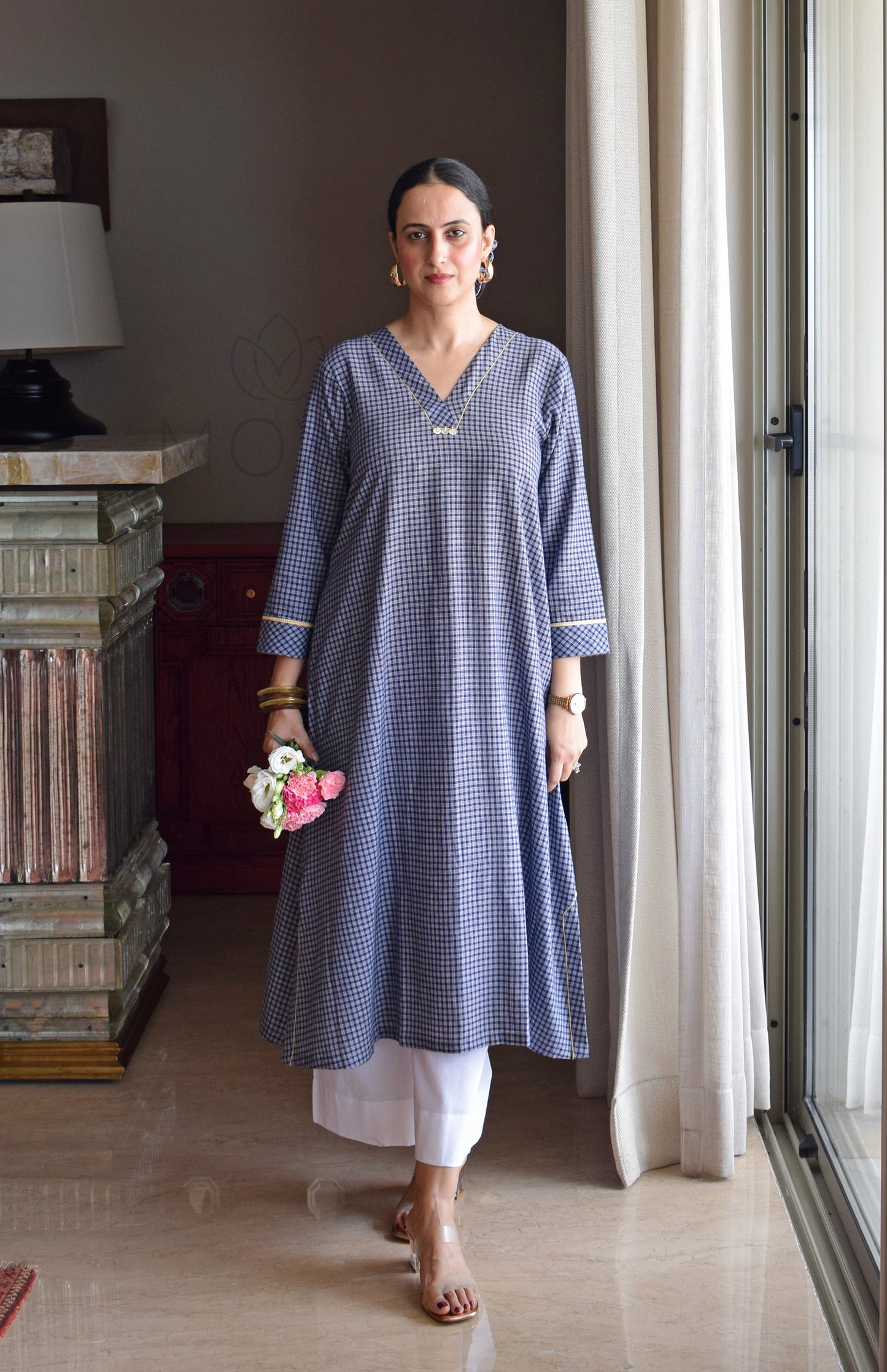 Ink Blue Checks A Line Kurta in Handloom Cotton