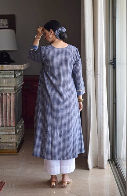 Ink Blue Checks A Line Kurta in Handloom Cotton