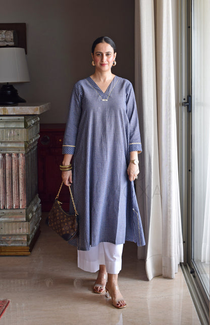 Ink Blue Checks A Line Kurta in Handloom Cotton