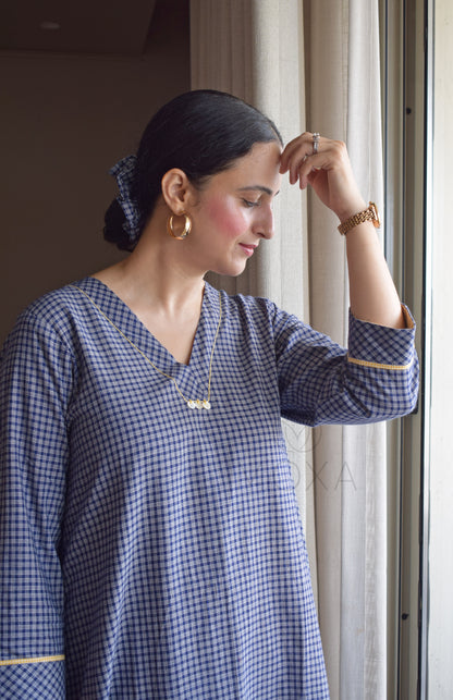 Ink Blue Checks Kurta in Handloom Cotton with White Pajama