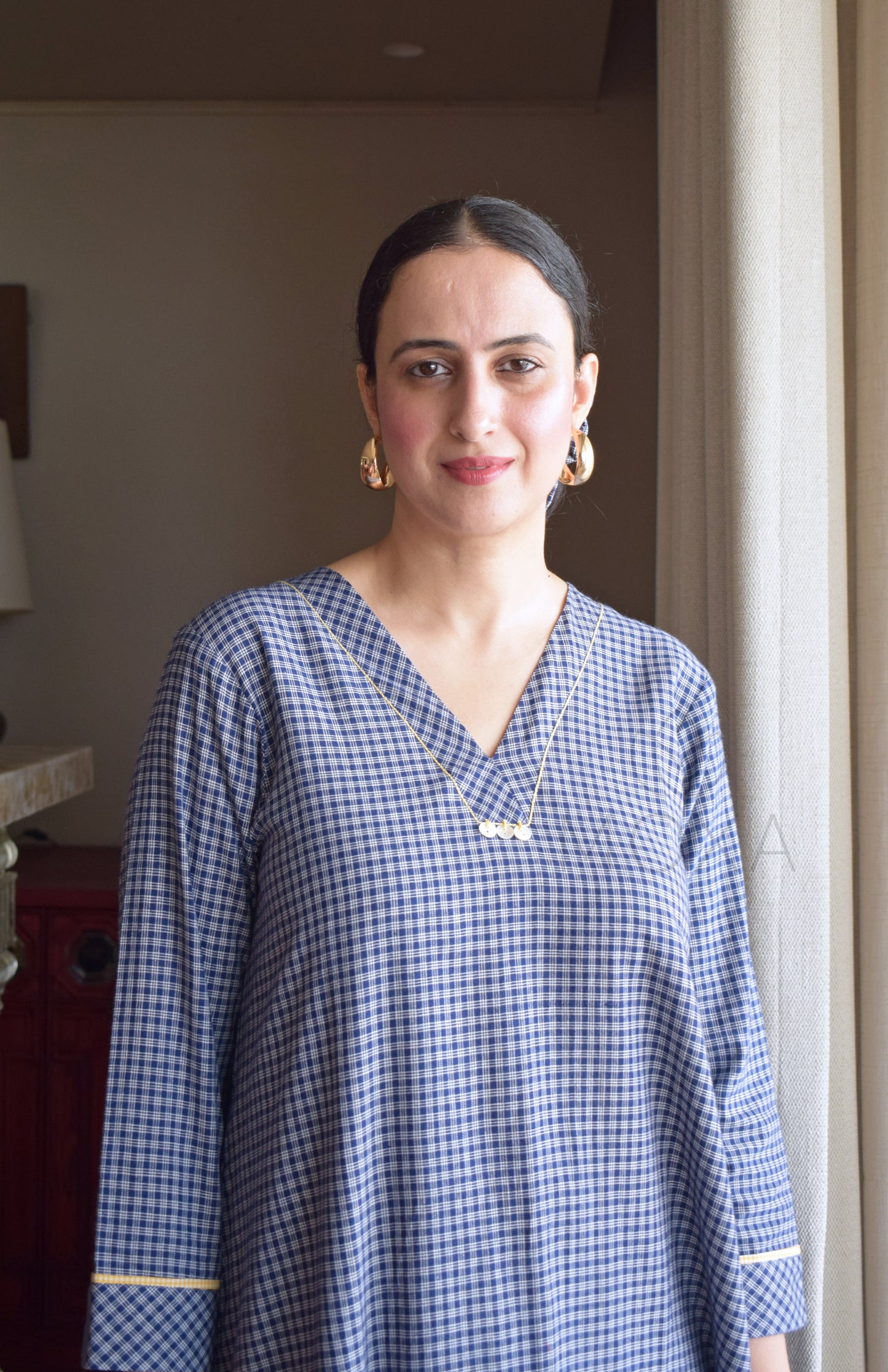 Ink Blue Checks A Line Kurta in Handloom Cotton