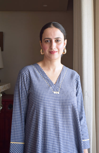 Ink Blue Checks A Line Kurta in Handloom Cotton