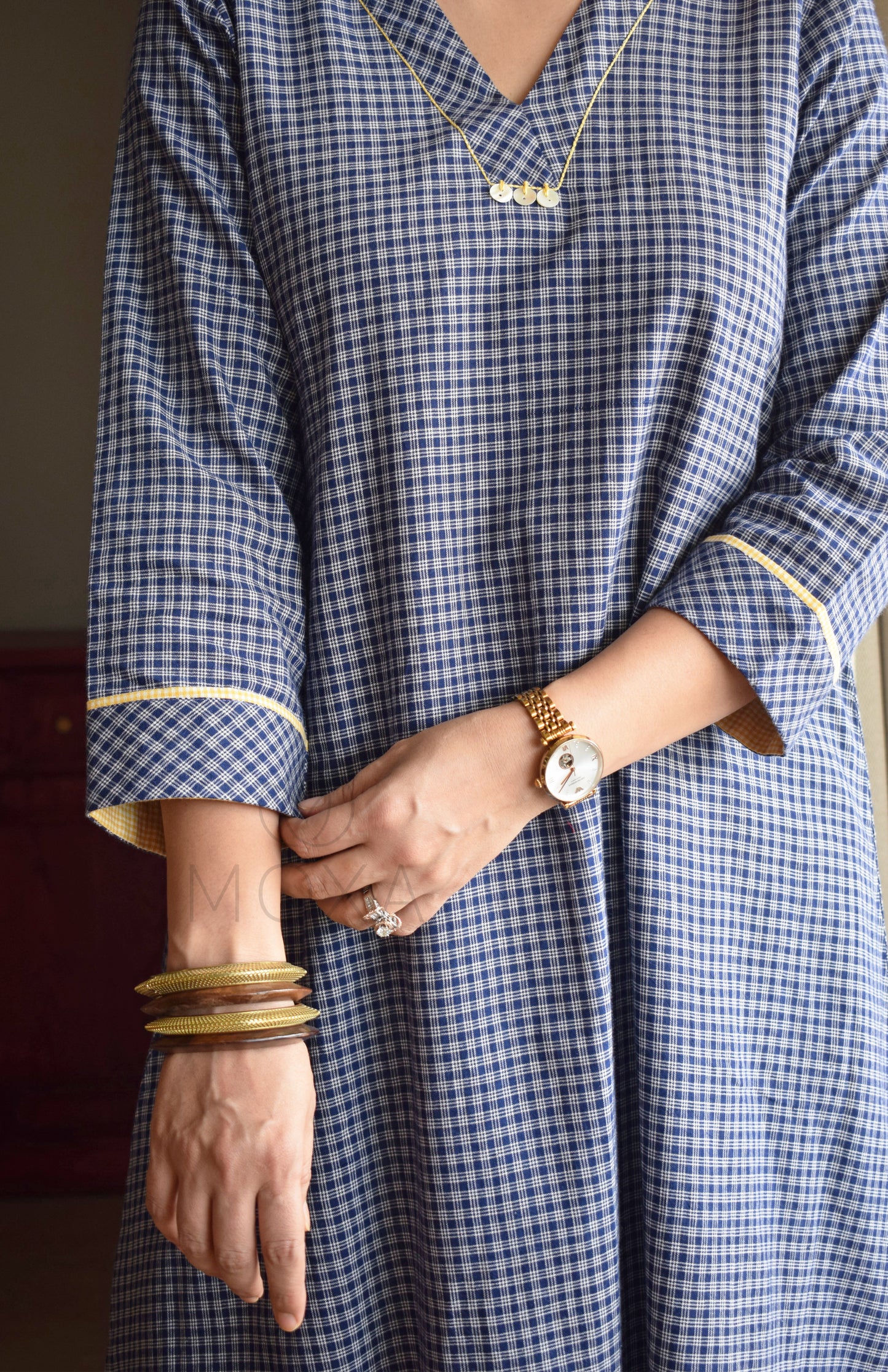 Ink Blue Checks A Line Kurta in Handloom Cotton