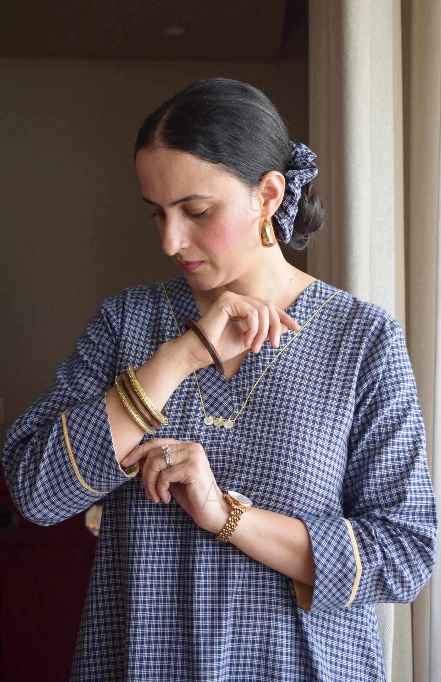Ink Blue Checks A Line Kurta in Handloom Cotton