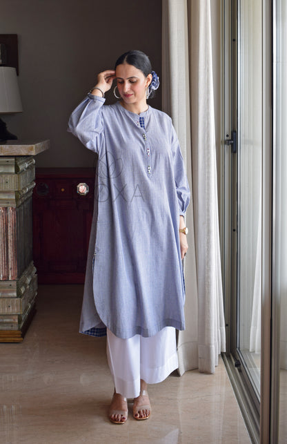 Blue Mini Checks Antifit Kurta in Handloom Cotton