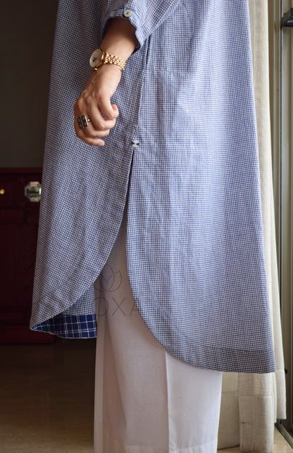 Blue Mini Checks Antifit Handloom Cotton Kurta with Blue Pajama