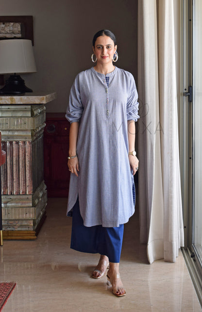 Blue Mini Checks Antifit Handloom Cotton Kurta with Blue Pajama