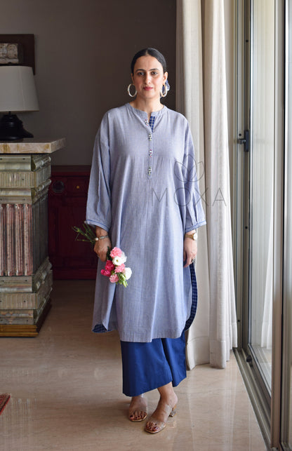 Blue Mini Checks Antifit Handloom Cotton Kurta with Blue Pajama