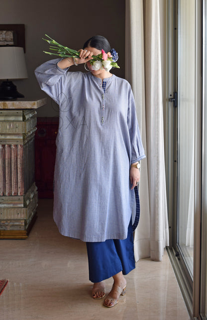 Blue Mini Checks Antifit Handloom Cotton Kurta with Blue Pajama